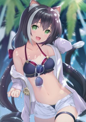 公主连结!,超異域公主連結,kanora,兽耳,露肩,水着,黑发,露胸,猫耳,猫娘,猫尾,绿色眼,长发,长袖,视线正对,横乳,露脐,開いた口,笑顔,single,泳装