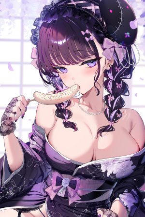 カット,原创,露肩,breasts,手套,和服,视线正对,项链,オビ,紫色眼,紫发,缎带,白发,浴衣