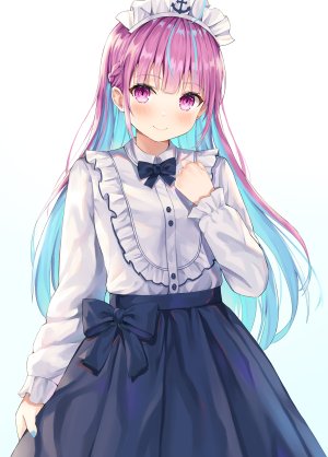 Vtuber,Hololive,湊あくあ,埃策尔,长发,single,長身像,脸红,视线正对,露胸,前发,碧眼,白背景,紫色眼,紫发,呆毛