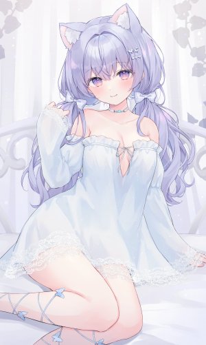 茶乃ひより,原创,兽耳,露肩,脸红,breasts,cleavage,发饰,长发,长袖,视线正对,项链,紫色眼,紫发,坐姿,笑顔,single,双马尾