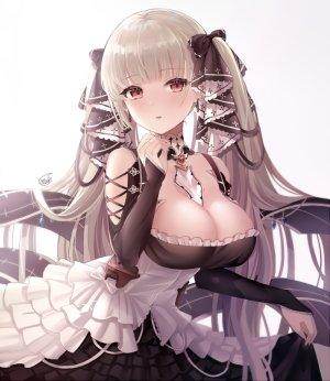 フォーミダブル,碧蓝航线,blue_blood_moon,前发,露肩,脸红,露胸,cleavage,连衣裙,巨乳,长发,视线正对,開いた口,红色眼,缎带,single,双马尾,白背景