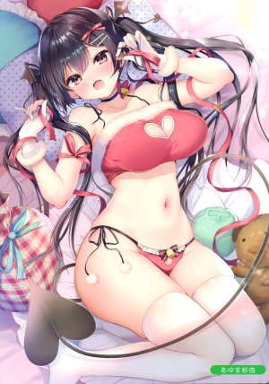 原创,あゆま紗由,露肩,黑发,bra,露胸,项圈,cleavage,手套,发饰,巨乳,长发,视线正对,横臥,露脐,開いた口,胖次,红色眼,缎带,笑顔,single,泰迪熊,黑丝,双马尾,下着,白丝