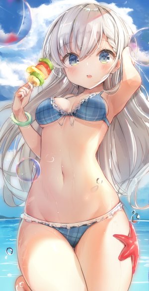 久川颯,偶像大师,偶像大师:灰姑娘女孩,偶像大师灰姑娘女孩:星光舞台,tou_tou,水着,碧眼,脸红,露胸,泡泡,长发,视线正对,露脐,银发,天空,貧乳,single,泳装
