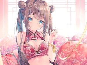 みわべさくら,原创,脸红,bra,露胸,茶发,汉服,cleavage,绿色眼,长发,双马尾,下着,close,cropped,scan