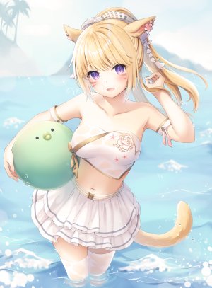 最终幻想,ファイナルファンタジーXIV,kanora,兽耳,露肩,水着,金发,露胸,猫耳,猫娘,猫尾,holding,长发,视线正对,横乳,迷你短裙,露脐,開いた口,马尾辫,紫色眼,短裙,笑顔,single,泳装,黑丝,白丝,絶対領域