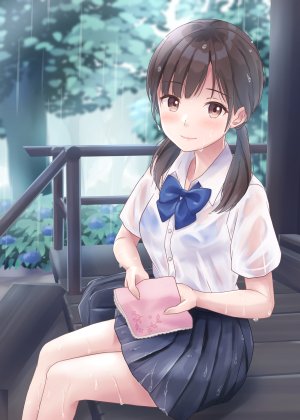 原创,yukimaru217,前发,脸红,bra,露胸,棕色眼,茶发,holding,长发,视线正对,rain,学校制服,衬衫,坐姿,短裙,貧乳,笑顔,双马尾,下着,湿身