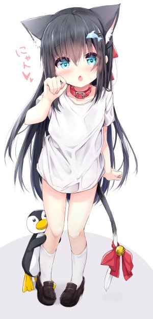 原创,ふぇありぃあい,动物,兽耳,前发,铃,黑发,碧眼,脸红,猫耳,猫娘,猫尾,发饰,长发,ぺんぎん?,衬衫,single,白背景,白丝