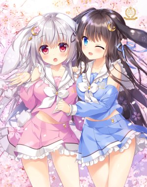 原创,あめとゆき,兽耳,黑发,碧眼,脸红,露胸,兔耳,兔女郎,樱花,发饰,长发,长袖,横乳,露脐,one_eye_closed,開いた口,红色眼,缎带,学校制服,水手服,衬衫,银发,短裙,笑顔