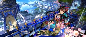 藤ちょこ,原创,黑发,连帽衫,和服,紫色眼,天空,黑丝,双马尾