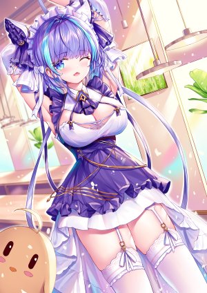 チェシャー,碧蓝航线,兽耳,碧眼,脸红,露胸,cleavage,连衣裙,吊带袜,巨乳,视线正对,one_eye_closed,紫发,缎带,笑顔,single,黑丝,白丝