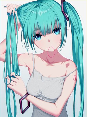 telephoto,初音ミク,VOCALOID,breast_hold,cleavage,tattoo