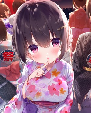 原创,ひさぎ,前发,黑发,脸红,三股辫,露胸,发饰,和服,长袖,视线正对,横乳,オビ,红色眼,短发