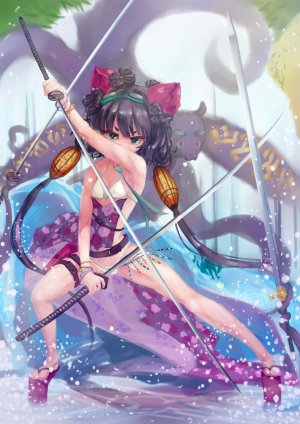 葛飾北斎,とと様,Fate/GrandOrder,Fate系列,ikaro,前发,露肩,水着,碧眼,露胸,cleavage,发饰,武士刀,长发,视线正对,横乳,オビ,紫发,泳装,剑,weapon