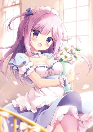 Melonbooks,原创,宫坂なこ,前发,脸红,露胸,cleavage,holding,长发,视线正对,横乳,開いた口,胖次,粉发,紫色眼,衬衫,笑顔,single,下着,风