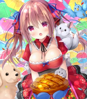 原创,mottso,动物,前发,脸红,露胸,茶发,cleavage,狗,连衣裙,holding,长发,视线正对,横乳,開いた口,红色眼,缎带,single,双马尾,雨伞