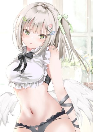 原创,ponika,露肩,露胸,绿色眼,发饰,长发,视线正对,横乳,露脐,胖次,缎带,single,下着,翅膀