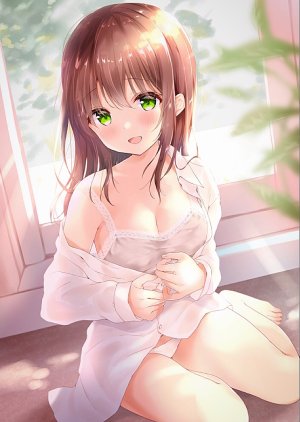 原创,飴玉コン,前发,裸足,露肩,脸红,bra,露胸,茶发,cleavage,衬衫,绿色眼,长发,长袖,视线正对,横乳,開いた口,胖次,坐姿,笑顔,single,下着