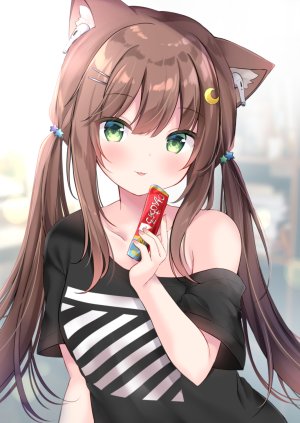 原创,masayo,兽耳,脸红,露胸,茶发,猫耳,绿色眼,发饰,holding,视线正对,衬衫,貧乳,笑顔,single,双马尾