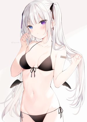 原创,まふゆ,露肩,水着,碧眼,露胸,长发,视线正对,横乳,露脐,紫色眼,银发,single,泳装,tattoo,双马尾,白背景