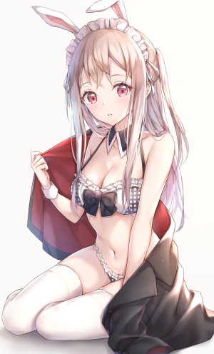 原创,cuna,兽耳,露肩,水着,露胸,兔耳,cleavage,holding,长发,视线正对,横乳,露脐,红色眼,阴影,银发,坐姿,single,泳装,黑丝,白背景,白丝