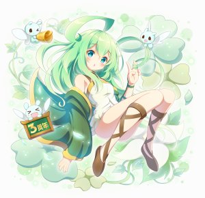 last_period,呆毛,铃,脸红,全身,绿发,one_eye_closed,開いた口,笑顔,single,翅膀