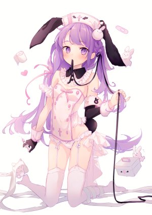 原创,鈴森ういな,动物,兽耳,创可贴,前发,脸红,三股辫,露胸,兔子,兔耳,手套,发饰,holding,长发,长袖,视线正对,护士,紫色眼,紫发,缎带,貧乳,single,黑丝,白背景,白丝