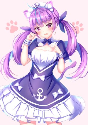 湊あくあ,Hololive,ゆあの,兽耳,前发,青发,脸红,露胸,猫耳,猫娘,猫尾,连衣裙,长发,视线正对,横乳,開いた口,紫色眼,紫发,缎带,笑顔,single,双马尾,Vtuber