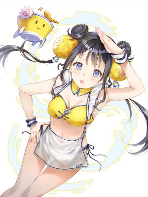 都三代らみょん,cha_chya,前发,露肩,黑发,脸红,露胸,汉服,cleavage,双团子头,长发,视线正对,横乳,露脐,開いた口,紫色眼,single,双马尾,Vtuber,白背景