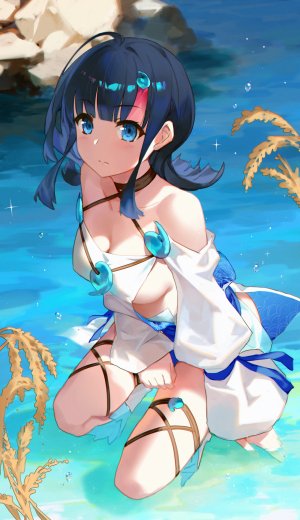 Fate系列,Fate/GrandOrder,fate/requiem,宇津見エリセ,yijian_ma,长发,single,長身像,脸红,视线正对,前发,露胸,碧眼,黑发,露肩,坐姿,cleavage,呆毛