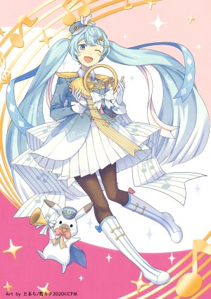 初音ミク,雪未来,雪ミク,雪ミク2020,crypton_future_media,VOCALOID,torla16,黑丝,兔子,手套,发饰,holding,乐器,长发,视线正对,one_eye_closed,開いた口,缎带,短裙,笑顔,双马尾