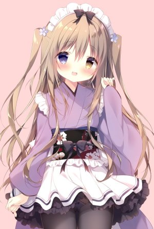 原创,しらたま,前发,黑丝,碧眼,脸红,露胸,棕色眼,茶发,和服,长发,长袖,オビ,開いた口,短裙,貧乳,笑顔,single,和服女仆
