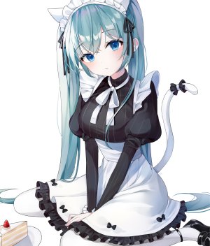 初音ミク,VOCALOID,moka_01,兽耳,碧眼,青发,脸红,露胸,猫耳,猫尾,巨乳,长发,视线正对,女仆,缎带,衬衫,坐姿,single,草莓,双马尾,白背景