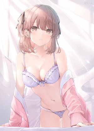原创,6U☆,露肩,bra,露胸,棕色眼,茶发,cleavage,长袖,视线正对,横乳,露脐,胖次,缎带,single,下着