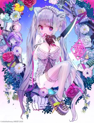 原创,john_hathway,兽耳,露肩,露胸,锁链,cleavage,连衣裙,全身,发饰,holding,巨乳,长发,紫色眼,紫发,缎带,指环,rose,银发,坐姿,single,黑丝,双马尾,白丝