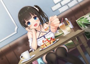 阿月唯,原创,黑发,碧眼,脸红,露胸,cleavage,马尾辫,草莓,黑丝,絶対領域