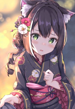 公主连结!,kyaru,keiran,长发,single,長身像,脸红,视线正对,開いた口,前发,黑发,绿色眼,兽耳,和服,传统服装