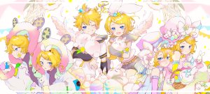 鏡音レン,鏡音リン,VOCALOID,oyamada_gamata,动物,前发,露肩,金发,碧眼,脸红,兔子,连衣裙,手套,发饰,holding,视线正对,one_eye_closed,開いた口,学校制服,衬衫,短发,笑顔,翅膀