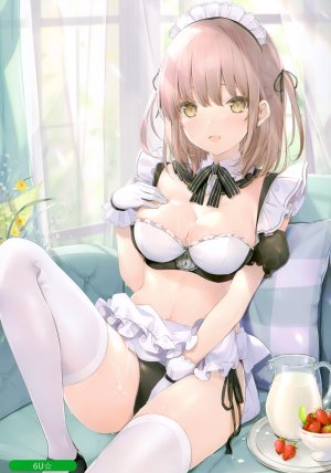 Melonbooks,6U☆,围裙,前发,脸红,露胸,棕色眼,茶发,cleavage,手套,视线正对,女仆,横乳,ミルク,露脐,開いた口,胖次,短发,坐姿,笑顔,single,草莓,黑丝,结发,下着,白丝
