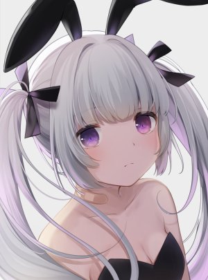 原创,甘城なつき,兽耳,前发,露肩,脸红,露胸,兔耳,cleavage,长发,视线正对,横乳,紫色眼,缎带,single,双马尾