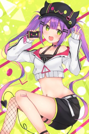 常暗トワ,Hololive,mi_taro333,露肩,脸红,露胸,项圈,绿色眼,发饰,长发,视线正对,露脐,開いた口,粉发,紫发,貧乳,笑顔,single,双马尾,Vtuber