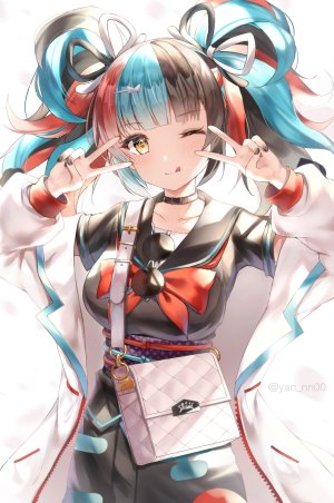 meliyannn,Fate/GrandOrder,Fate系列,前发,黑发,青发,直刘海,脸红,露胸,项圈,发饰,巨乳,长发,长袖,视线正对,オビ,one_eye_closed,学校制服,水手服,衬衫,短裙,笑顔,single,双马尾,黄色眼