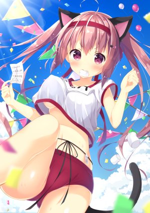 原创,moe2017,yaki_mayu,长发,single,長身像,露胸,双马尾,粉发,兽耳,呆毛,猫耳,猫尾
