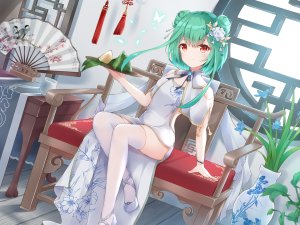 潤羽るしあ,Hololive,ケビンの汐雨桜,前发,汉服,双团子头,连衣裙,平胸,绿发,发饰,holding,视线正对,红色眼,坐姿,笑顔,single,黑丝,Vtuber,白丝