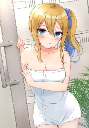 早坂愛,ゆきうなぎ,露肩,金发,碧眼,脸红,bra,露胸,cleavage,发饰,巨乳,视线正对,single,毛巾,下着