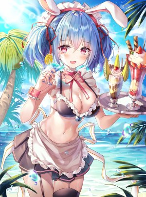 原创,icebox46,兽耳,围裙,露肩,铃,水着,黑丝,青发,露胸,兔耳,项圈,cleavage,holding,巨乳,长发,视线正对,女仆,迷你短裙,露脐,開いた口,红色眼,短裙,笑顔,single,泳装,双马尾,絶対領域