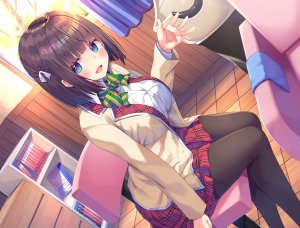 原创,麻の葉,前发,黑丝,碧眼,露胸,茶发,巨乳,開いた口,缎带,衬衫,坐姿,短裙,笑顔,single,毛巾