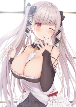 フォーミダブル,碧蓝航线,umineco_1,前发,露肩,脸红,露胸,cleavage,连衣裙,巨乳,长发,长袖,视线正对,one_eye_closed,红色眼,缎带,single,双马尾,白丝