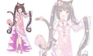 ネコぱら,sayori,兽耳,前发,露肩,铃,黑发,直刘海,脸红,露胸,棕色眼,猫耳,猫娘,猫尾,cleavage,连衣裙,发饰,holding,长发,长袖,视线正对,露脐,開いた口,胖次,缎带,rose,貧乳,笑顔,single,双马尾,下着,白背景
