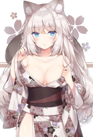 原创,Ayuanlv,兽耳,露肩,碧眼,三股辫,露胸,猫耳,樱花,cleavage,和服,巨乳,长发,长袖,视线正对,No-Bra,オビ,银发,single,白背景