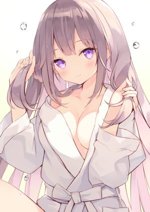 原创,前发,碧眼,脸红,露胸,holding,巨乳,长发,视线正对,粉发,笑顔,single,白背景